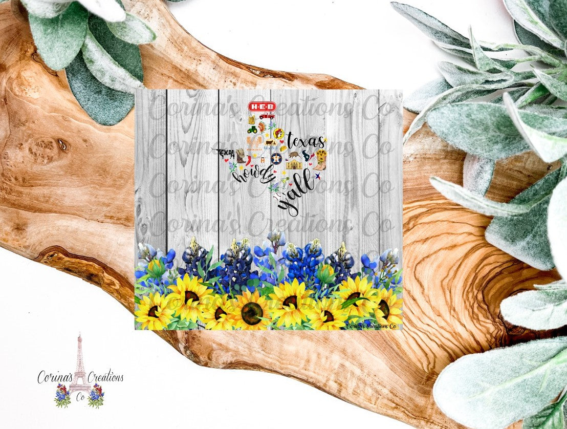 Texas Logo, Sunflower and Bluebonnets 20 oz. Stainless Steel Sublimation Tumbler