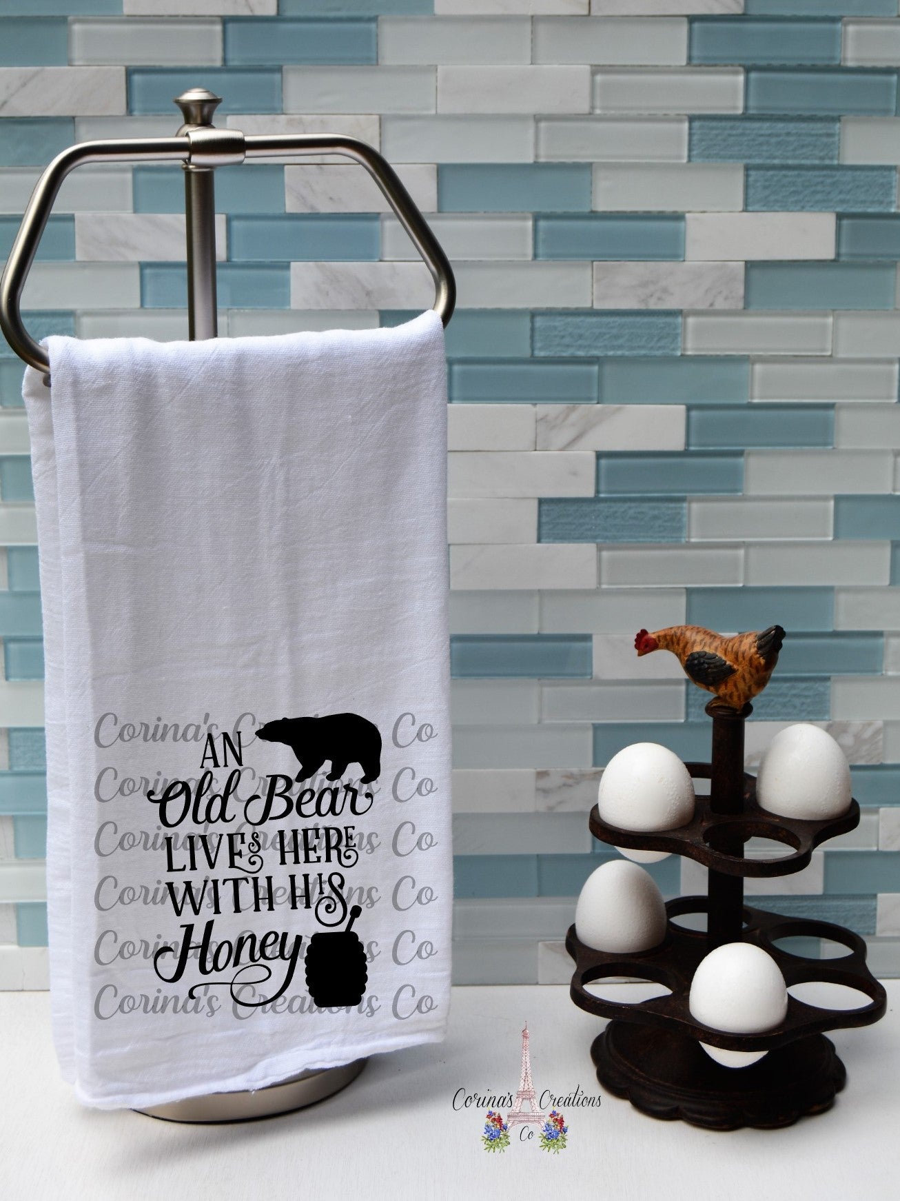 An old Bear lives here with his Honey Flour Sack/Tea Towel