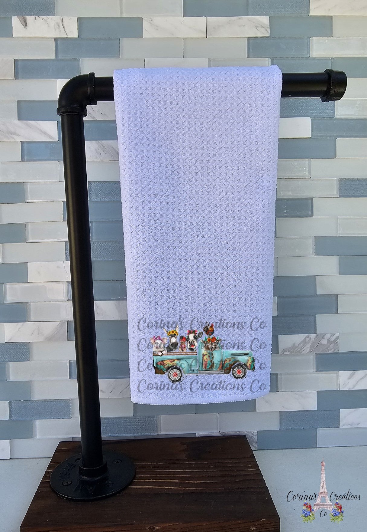 Barn Yard Animals In Vintage Truck Waffle Weave Towel