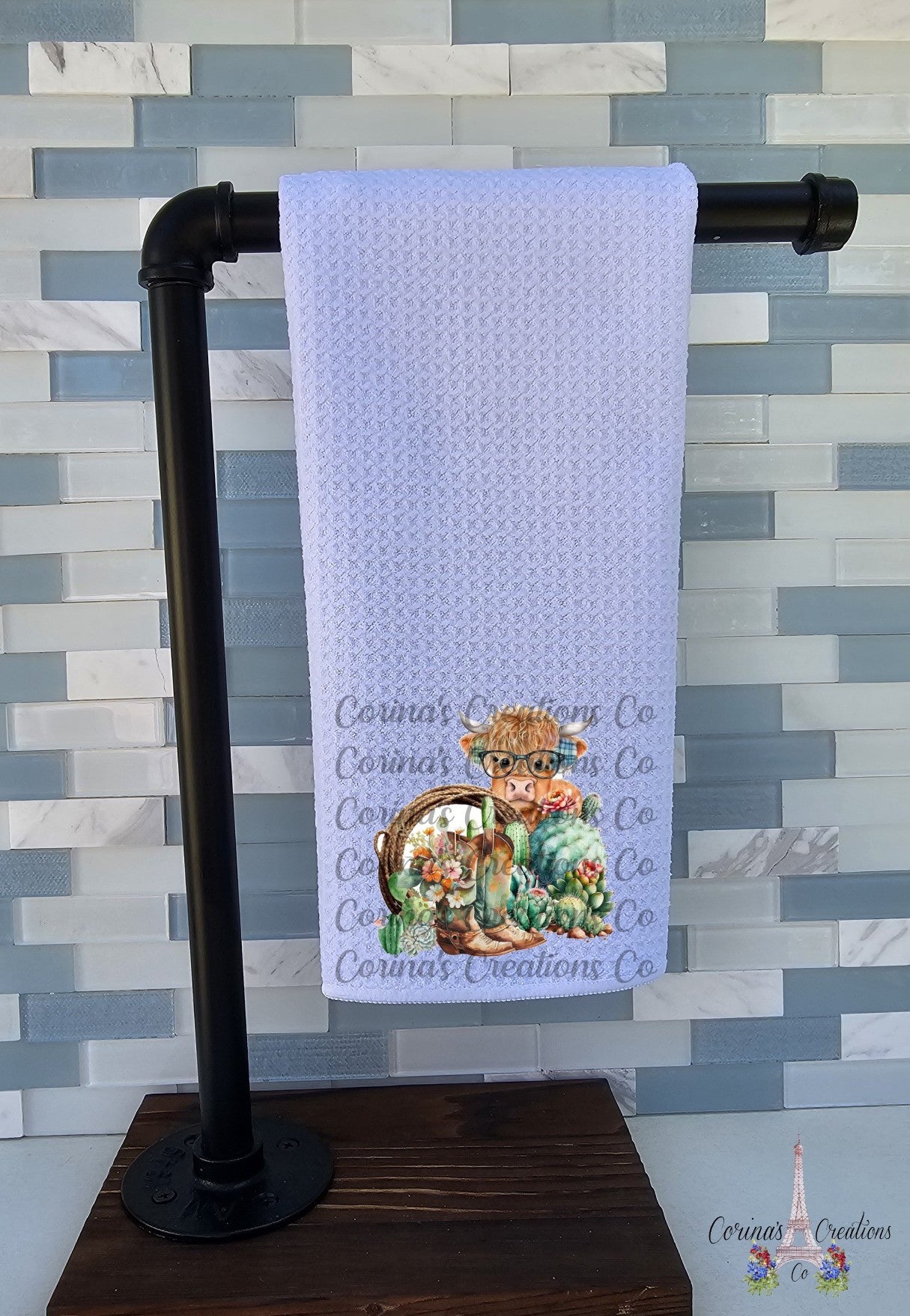 Highland Cow With Glasses in The Desert Waffle Weave Towel