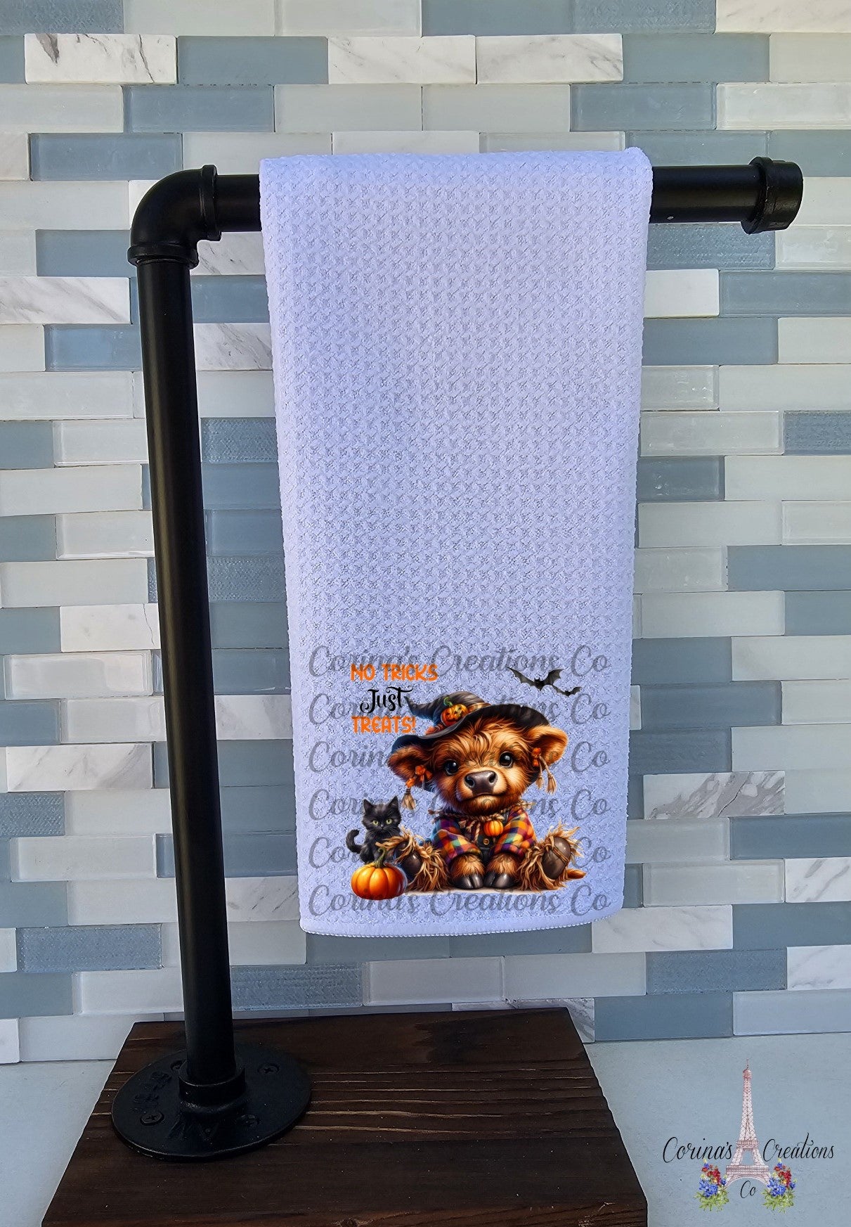 No Tricks Just Treats Highland Cow Waffle Weave Towel