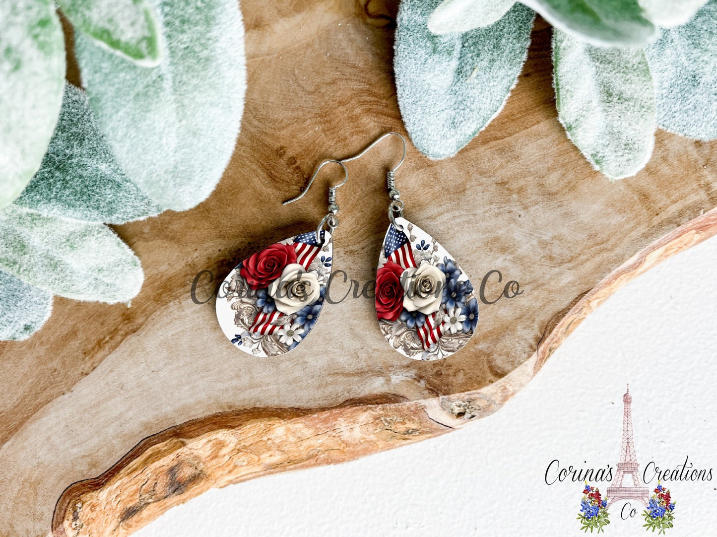 Patriotic Rose Sublimated Teardrop Earrings