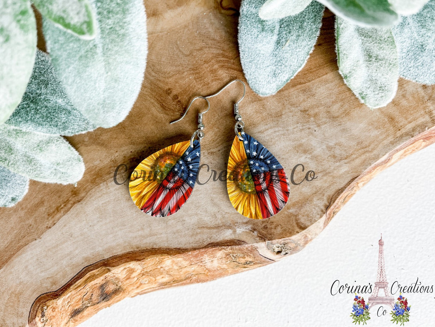 Patriotic Sunflower Sublimated Teardrop Earrings
