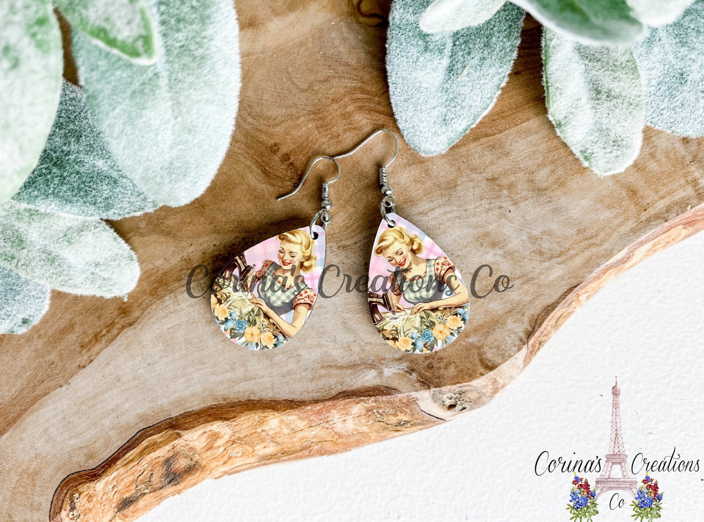 Retro Seamstress Sublimated Teardrop Earrings