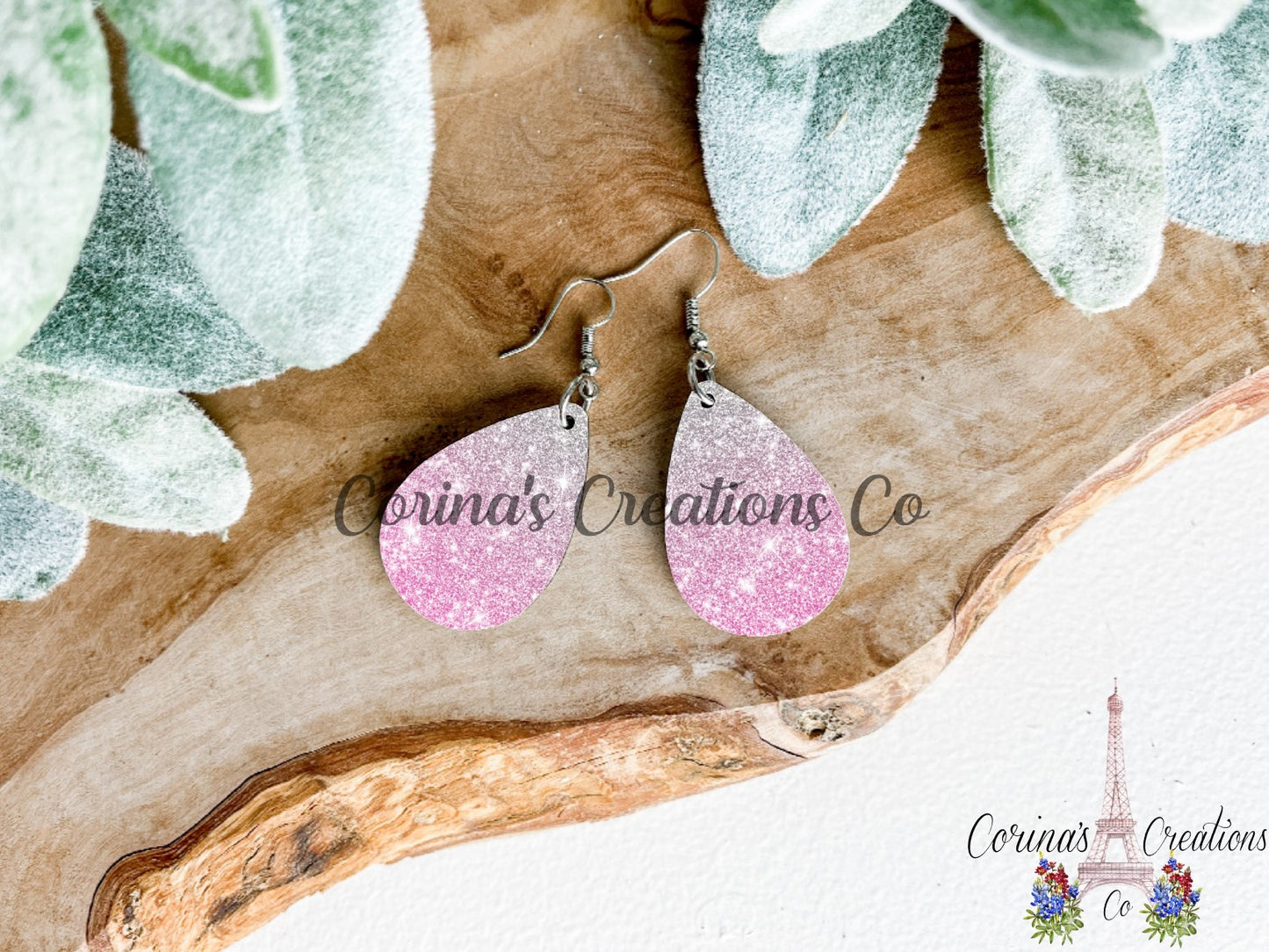 Silver And Pink Glitter Sublimated Teardrop Earrings