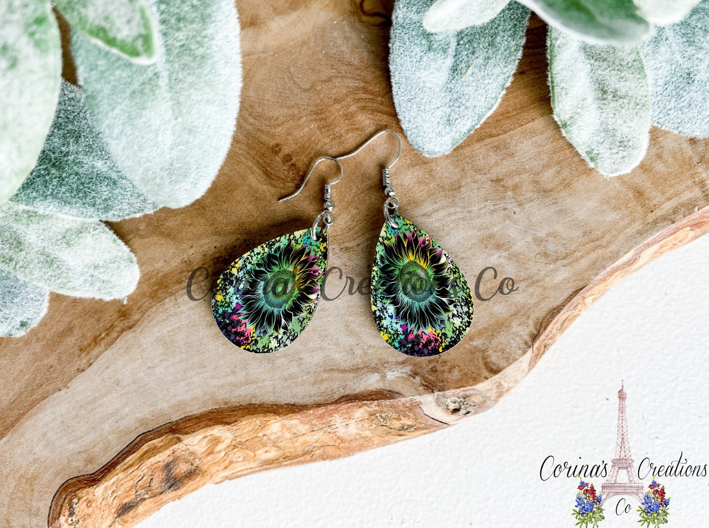 Splatter Ink Sunflower Sublimated Teardrop Earrings