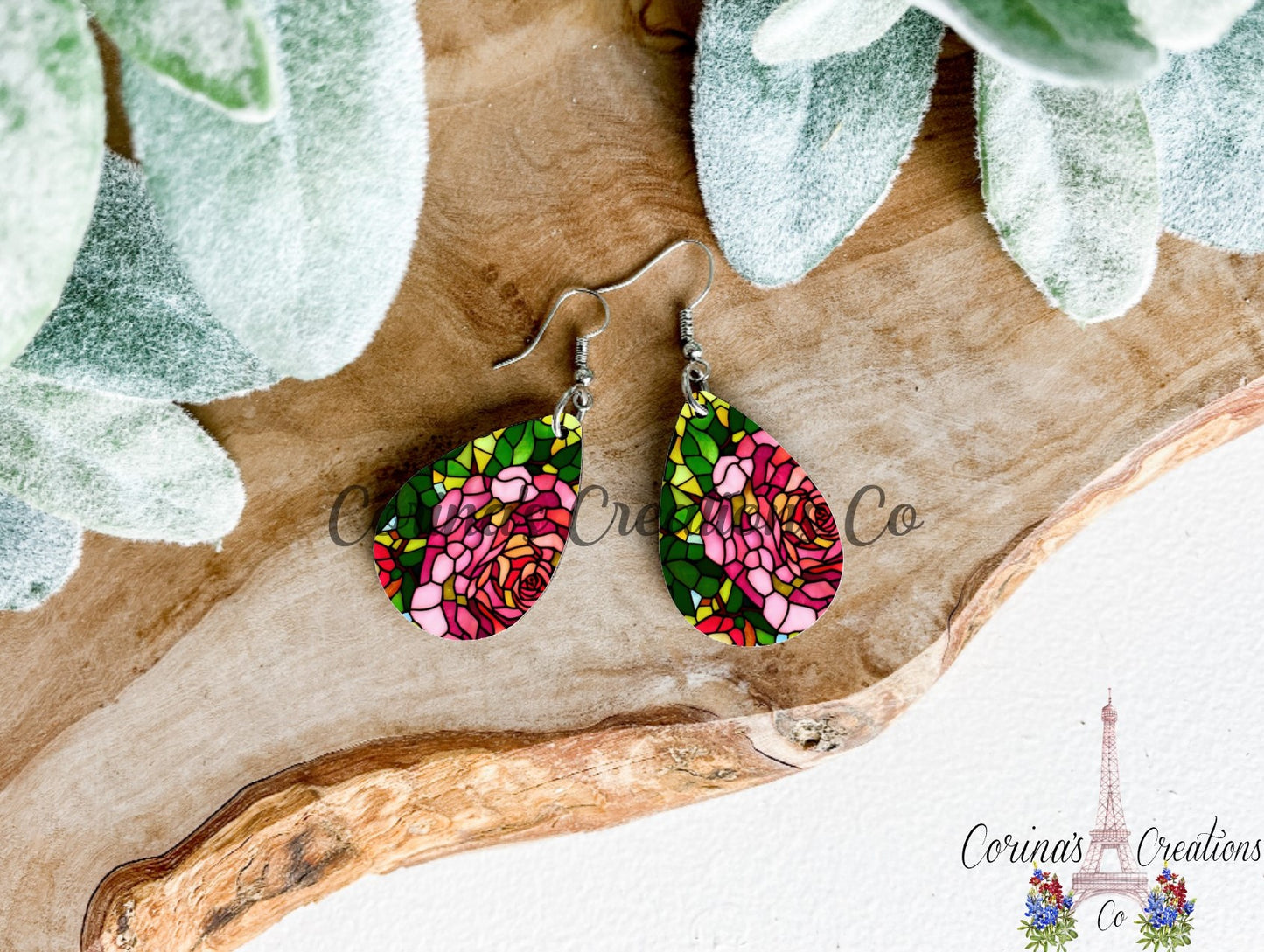Stained Glass Rose Sublimated Teardrop Earrings