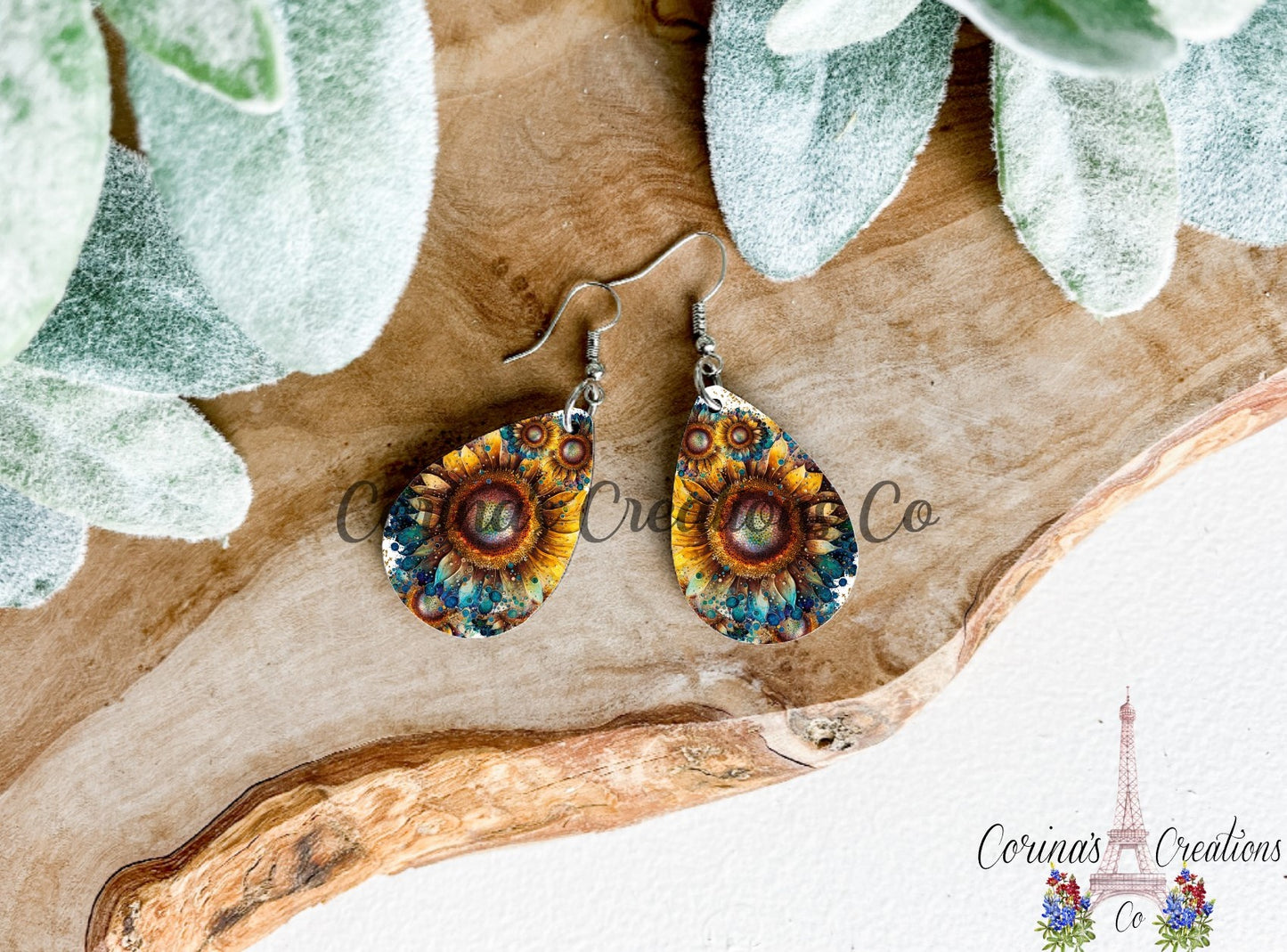 Sunflower Inked Sublimated Teardrop Earrings