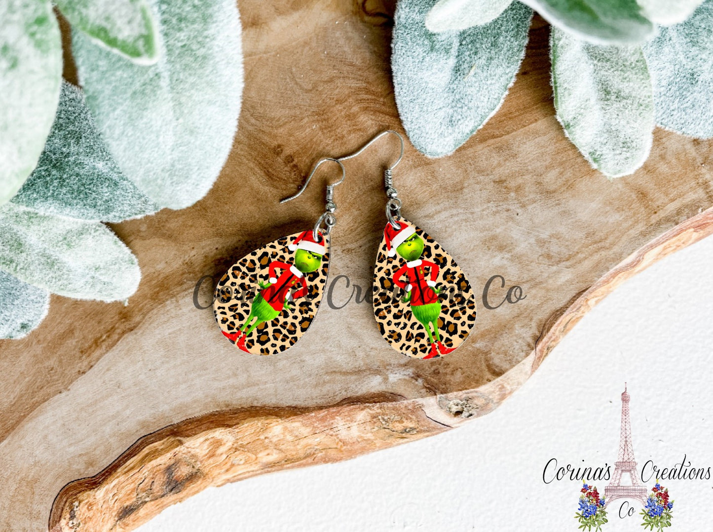 The Green One Santa Leopard Print Sublimated Teardrop Earrings