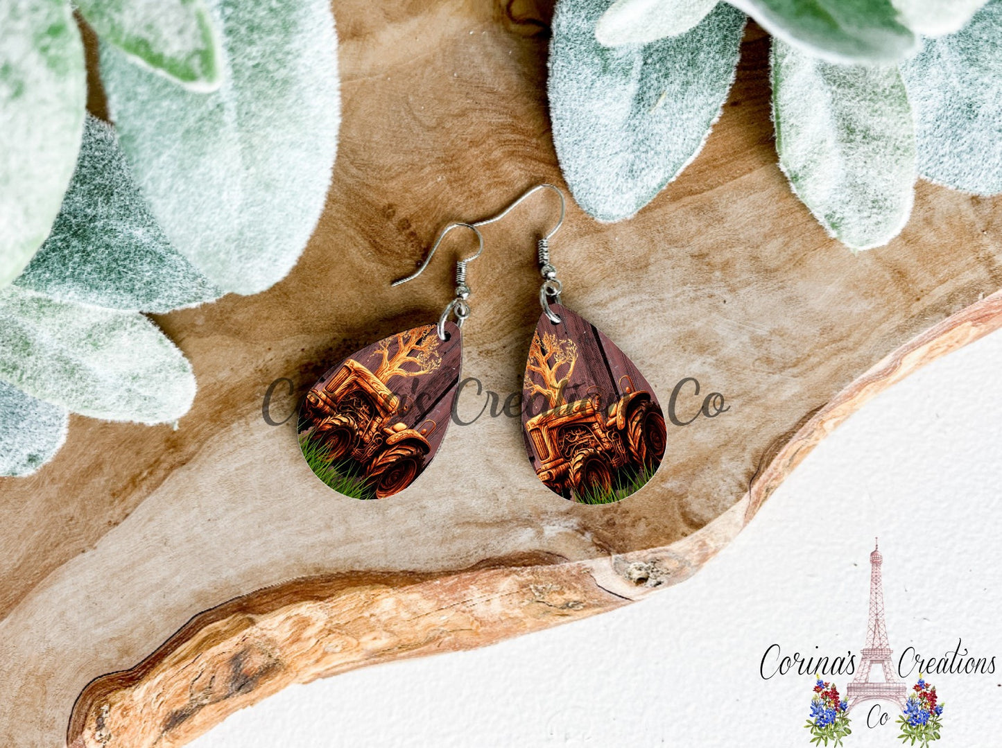 Wood Grain Tractor Sublimated Teardrop Earrings
