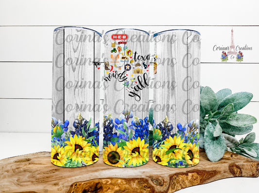 Texas Logo, Sunflower and Bluebonnets 20 oz. Stainless Steel Sublimation Tumbler