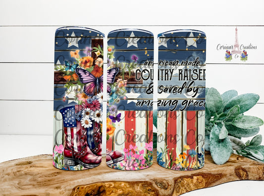 American Made Country Raised And Saved By Amazing Grace 20 oz. Stainless Steel Sublimation Tumbler