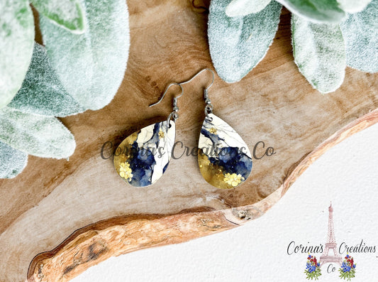 Blue And Gold Marble Sublimated Teardrop Earrings