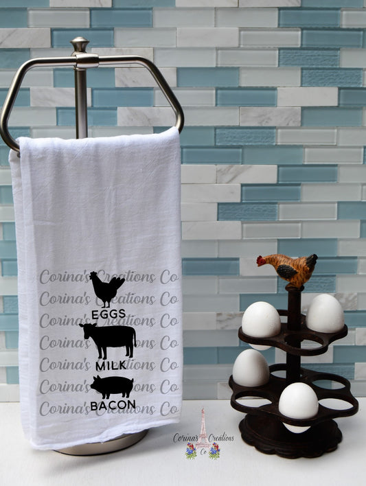 Eggs, Milk, Bacon Flour Sack/Tea Towel