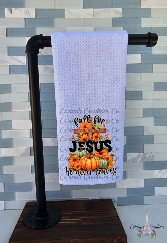 Fall For Jesus He Never Leaves Waffle Weave Towel