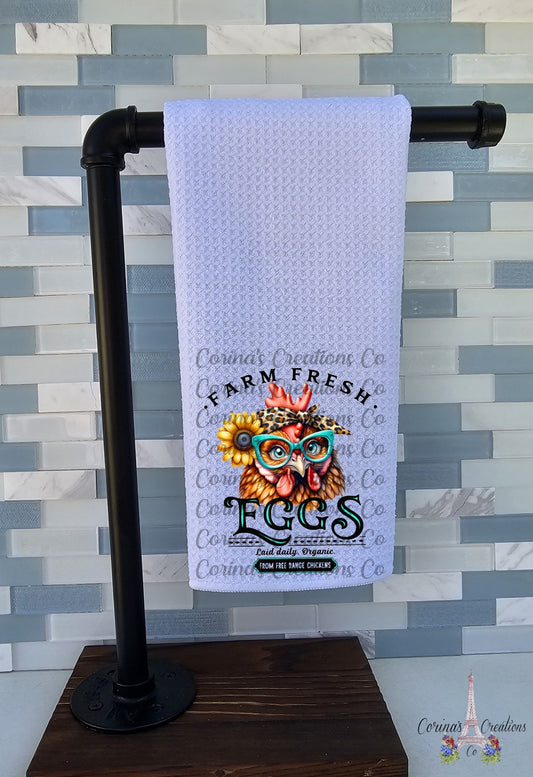 Farm Fresh Eggs Chicken With Glasses Waffle Weave Towel