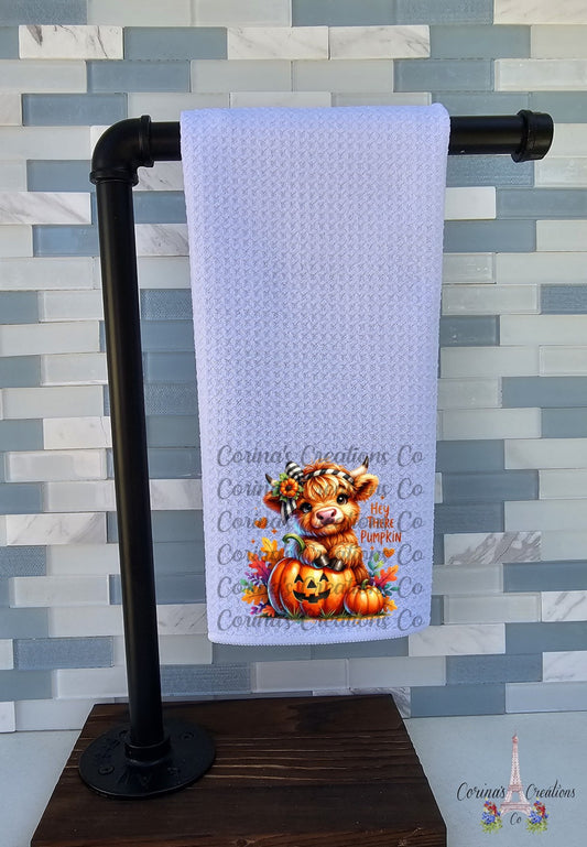 Hey There Pumpkin Highland Cow Waffle Weave Towel