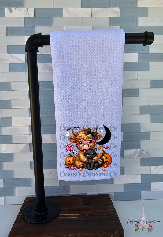 Highland Cow Halloween Waffle Weave Towel