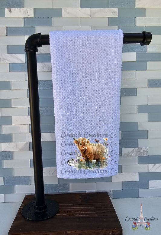 Highland Cow With Butterfly Waffle Weave Towel