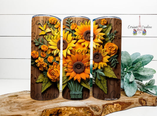 3D Sunflower Bouquet With Woodgrain Background 20 oz. Stainless Steel Sublimation Tumbler