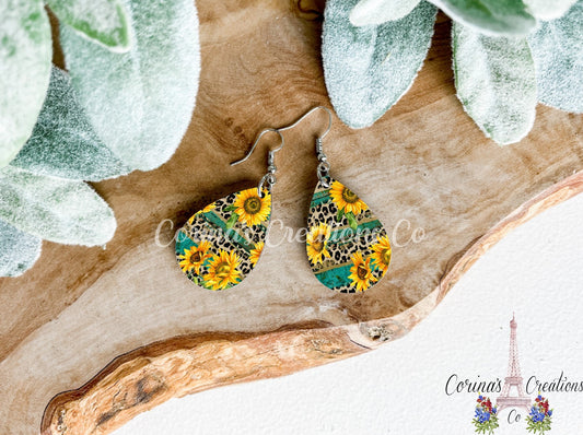 Sunflower Leopard Serape Sublimated Teardrop Earrings