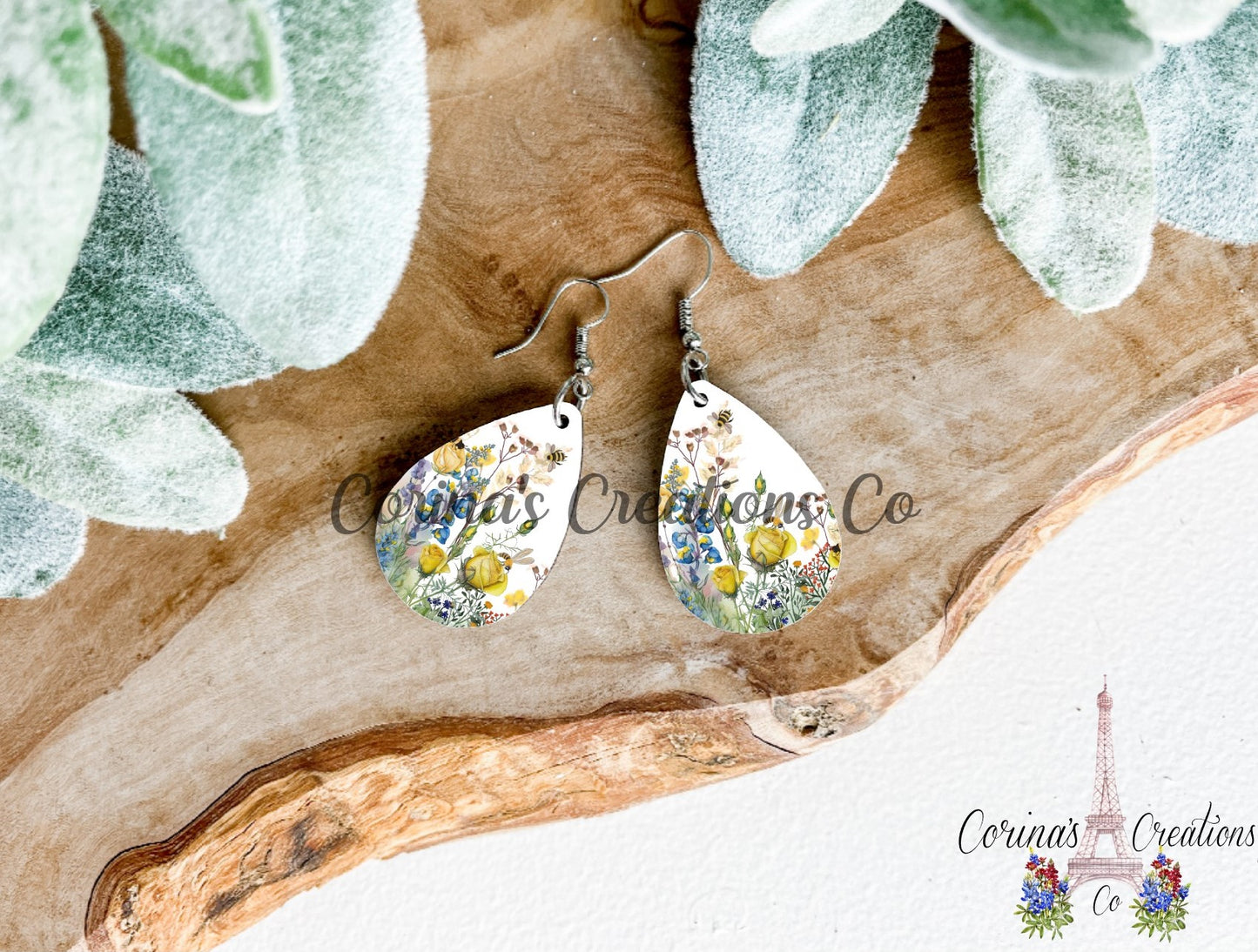 Watercolor Flower And Bees Sublimated Teardrop Earrings